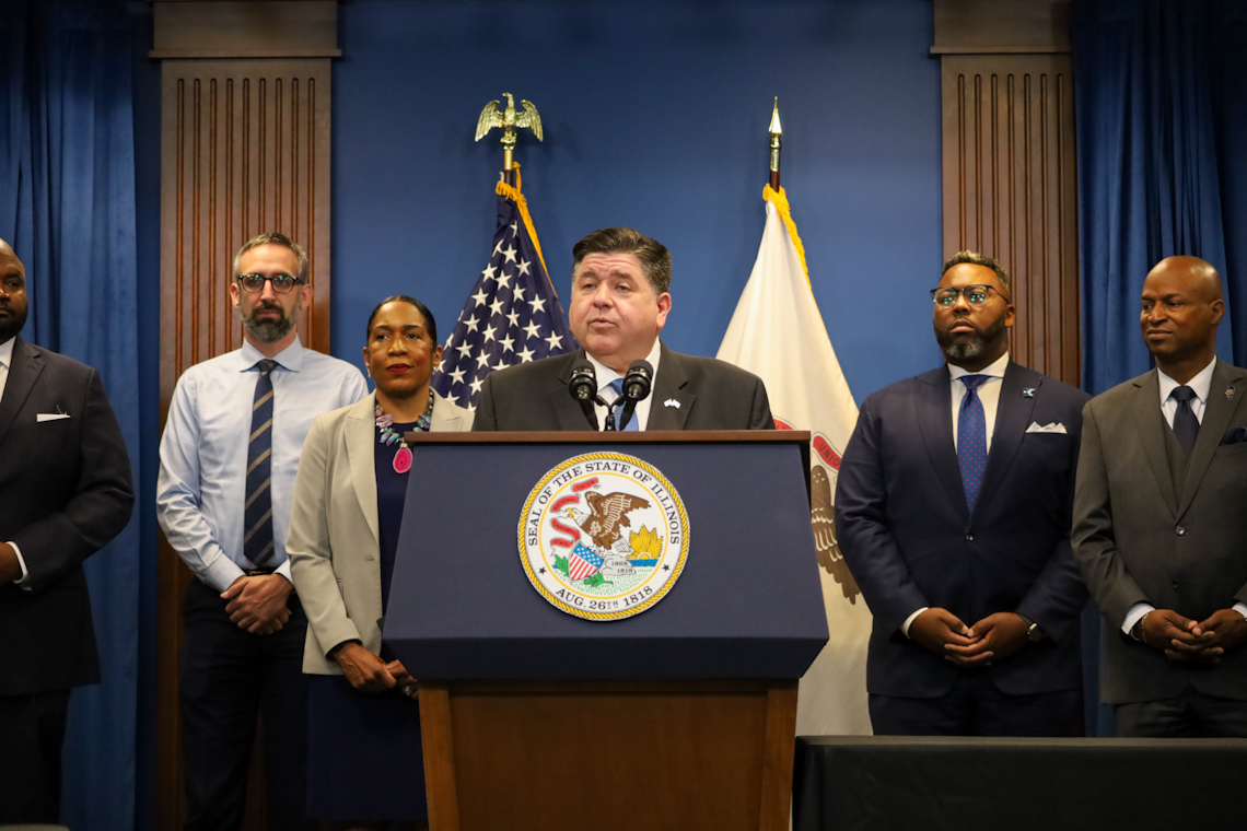 JB Pritzker with Sen. Elgie Sims, Rep. Will Guzzardi, Lt. Gov. Juliana Stratton; Rep. Kam Buckner, and Emanuel &ldquo;Chris&rdquo; Welch.